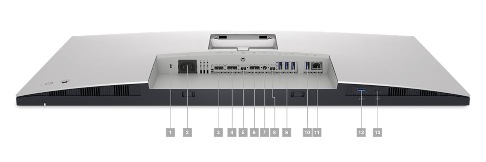 Picture  of  Dell  U3223QE  Monitor  with  the  screen  down  and  numbers  from  1  to  14signaling the ports available below the product.