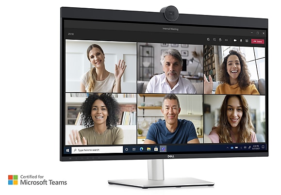 Afbeelding van een Dell UltraSharp U3223QZ monitor met een videoconferentie en zes verschillende personen op het scherm.