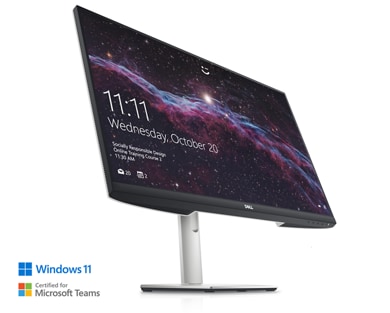 Ilustracja przedstawiająca monitor Dell UltraSharp U3223QZ z kolorowym tłem oraz datą i godziną na ekranie.