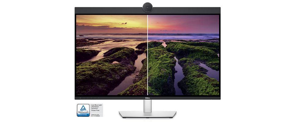Picture of a Dell UltraSharp U3223QZ Monitor with a nature landscape on both sides of the screen, one in better image quality.