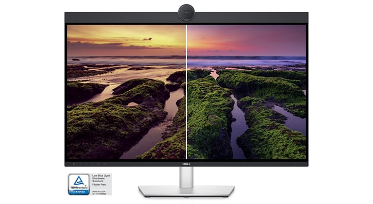 Ilustracja przedstawiająca monitor Dell UltraSharp U3223QZ z krajobrazem po obu stronach ekranu, jeden w lepszej jakości obrazu.