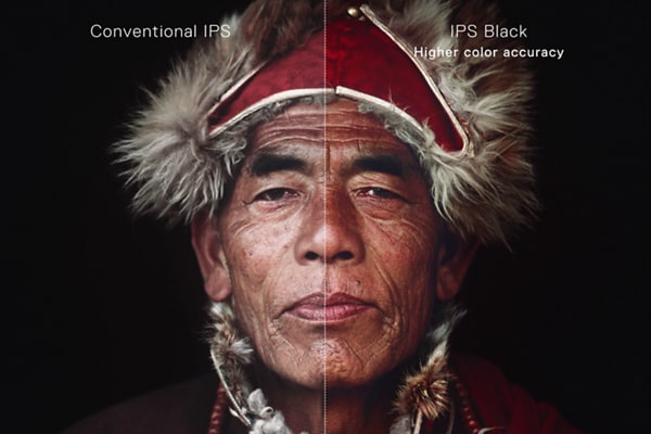 Ilustracja przedstawiająca rdzennego mężczyznę na środku ekranu z większą dokładnością odwzorowania kolorów po prawej stronie.