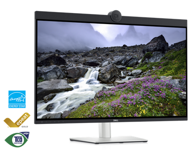 Ilustracja przedstawiająca monitor Dell UltraSharp U3223QZ z krajobrazem na ekranie.