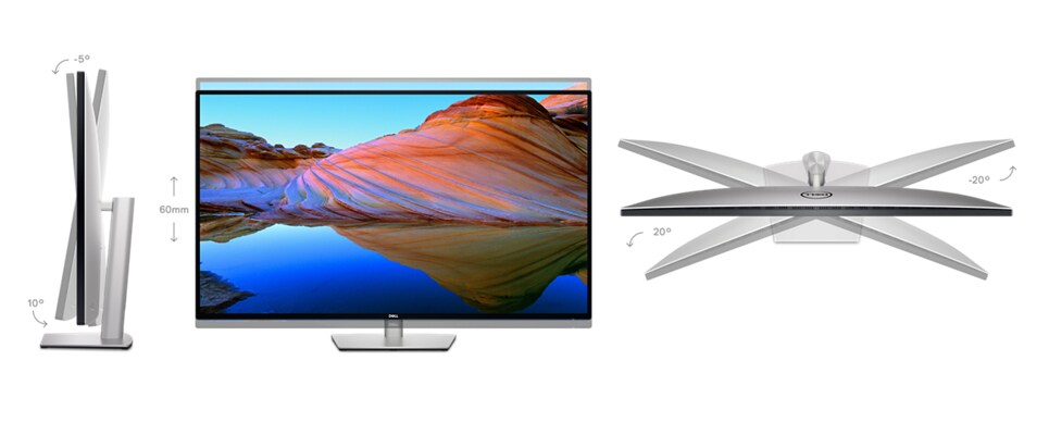 Three different positions of the Dell UltraSharp U4323QE Monitor.
