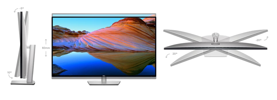 Tres posiciones diferentes del monitor Dell UltraSharp U4323QE.