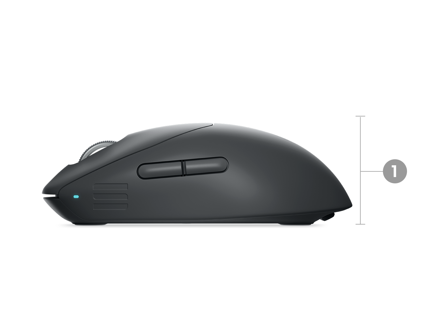 Mouse gamer Dell Alienware Pro sem fio com números de 1 a 3 indicando as dimensões e o peso do produto.