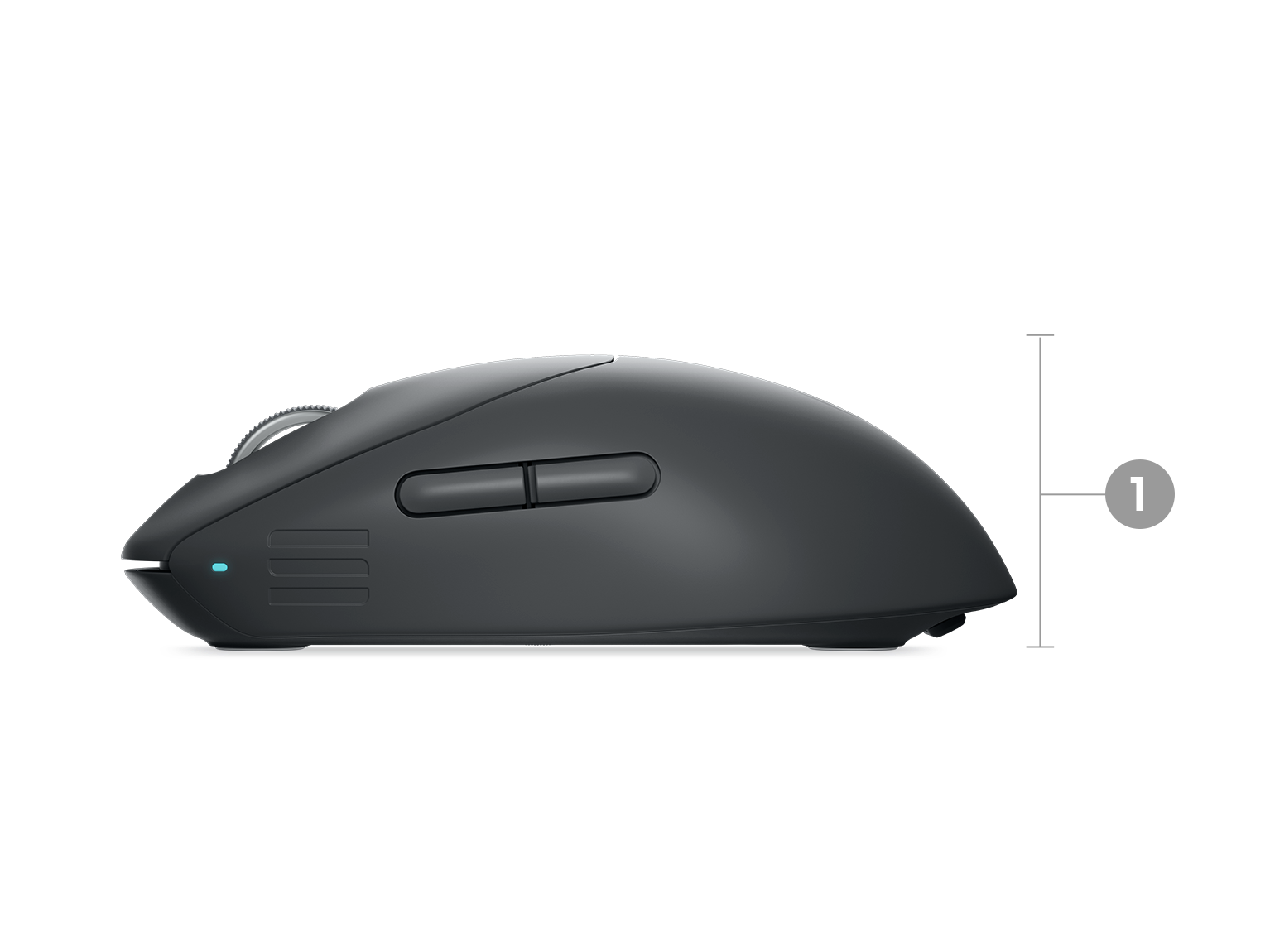 Souris gaming sans fil Alienware Pro Dell avec des numéros compris entre 1 et 3 indiquant les dimensions et le poids du produit.