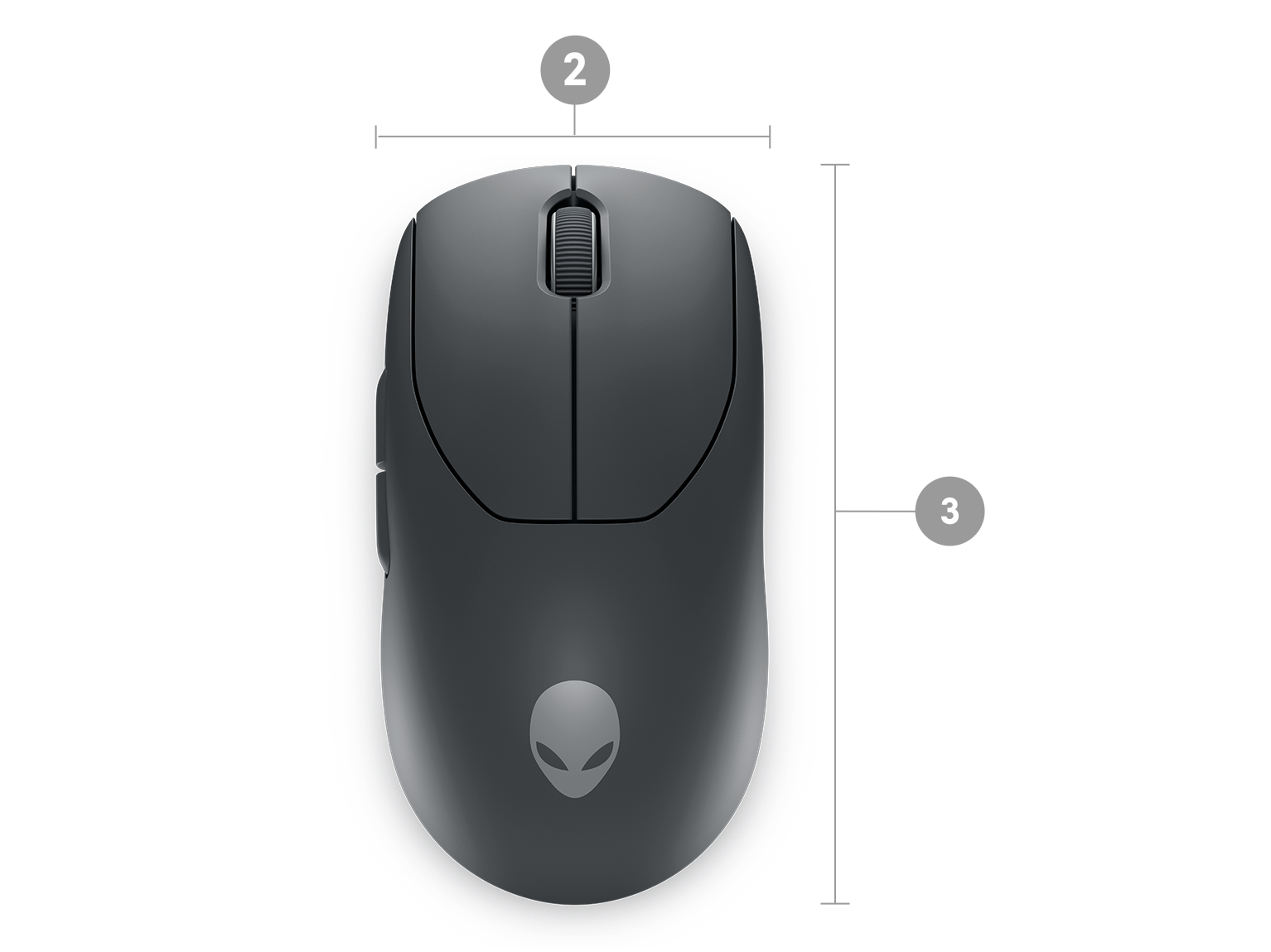 Dell Alienware Pro Wireless Gaming Mouse with numbers from 1 to 3 showing the product dimensions and weight.