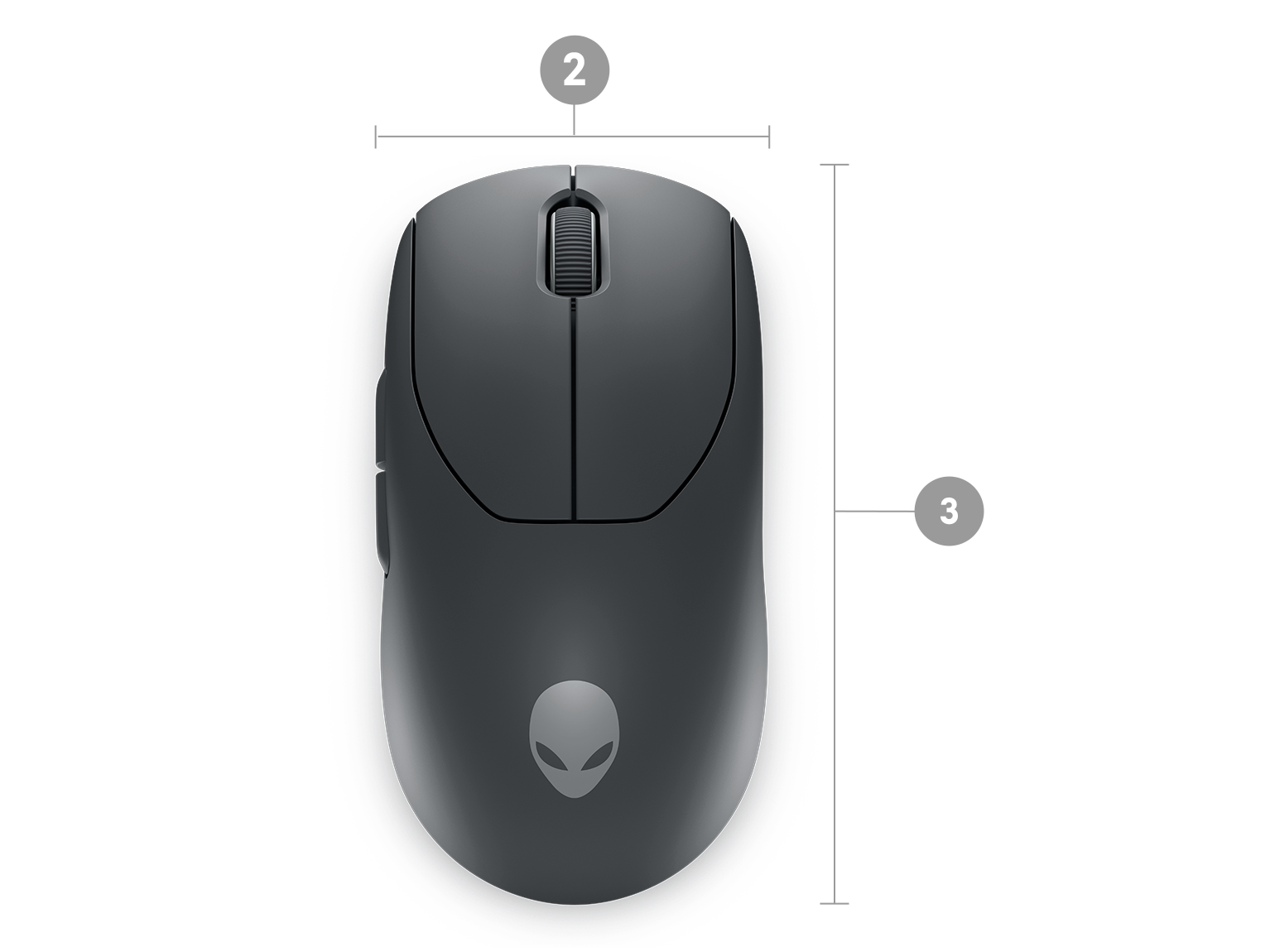 Souris gaming sans fil Alienware Pro Dell avec des numéros compris entre 1 et 3 indiquant les dimensions et le poids du produit.