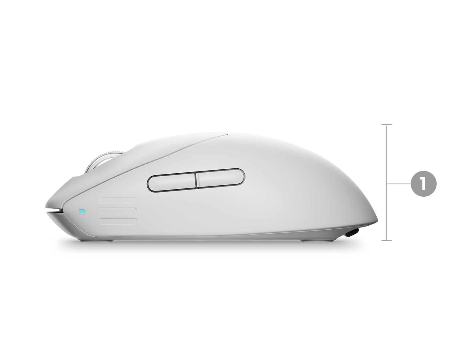 Dell Alienware Pro Wireless Gaming Mouse with numbers from 1 to 3 showing the product dimensions and weight.