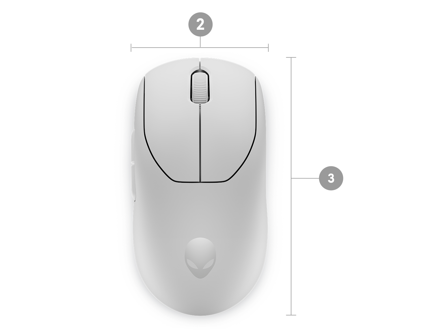 Mouse Gamer Dell Alienware Pro sem fio com números de 1 a 3 indicando as dimensões e o peso do produto.
