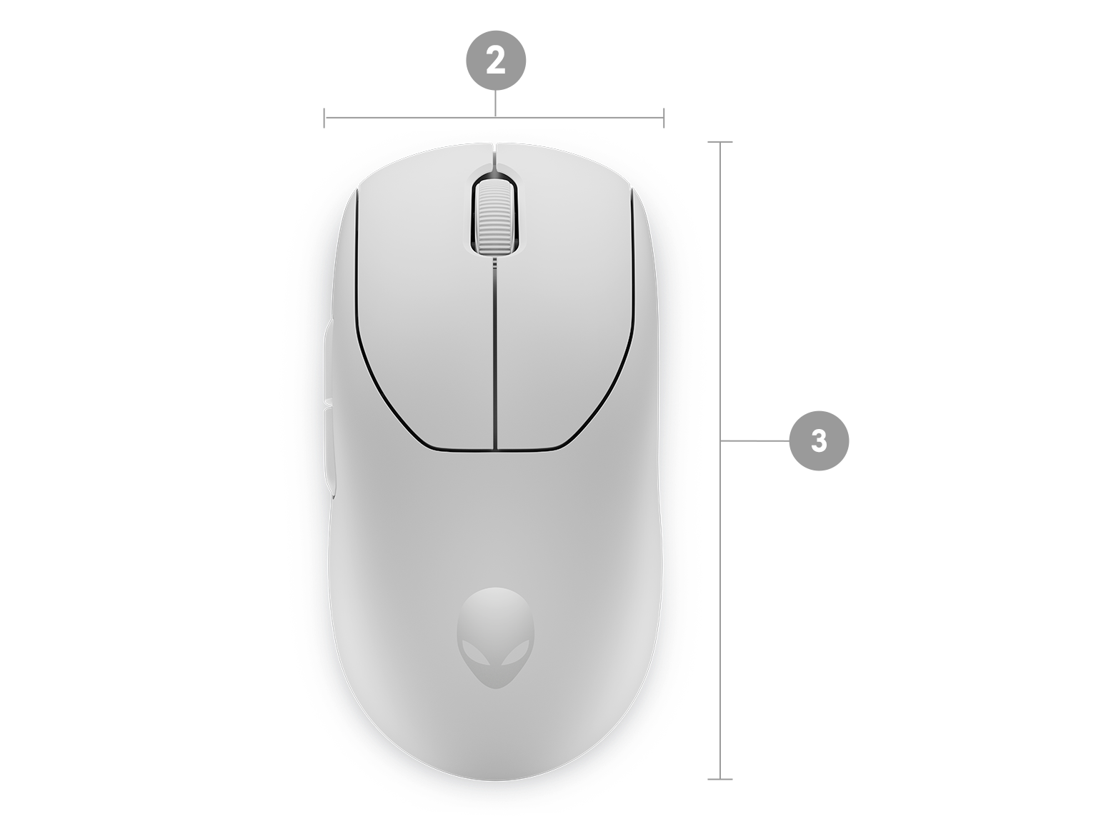 Souris gaming sans fil Alienware Pro Dell avec des numéros compris entre 1 et 3 indiquant les dimensions et le poids du produit.