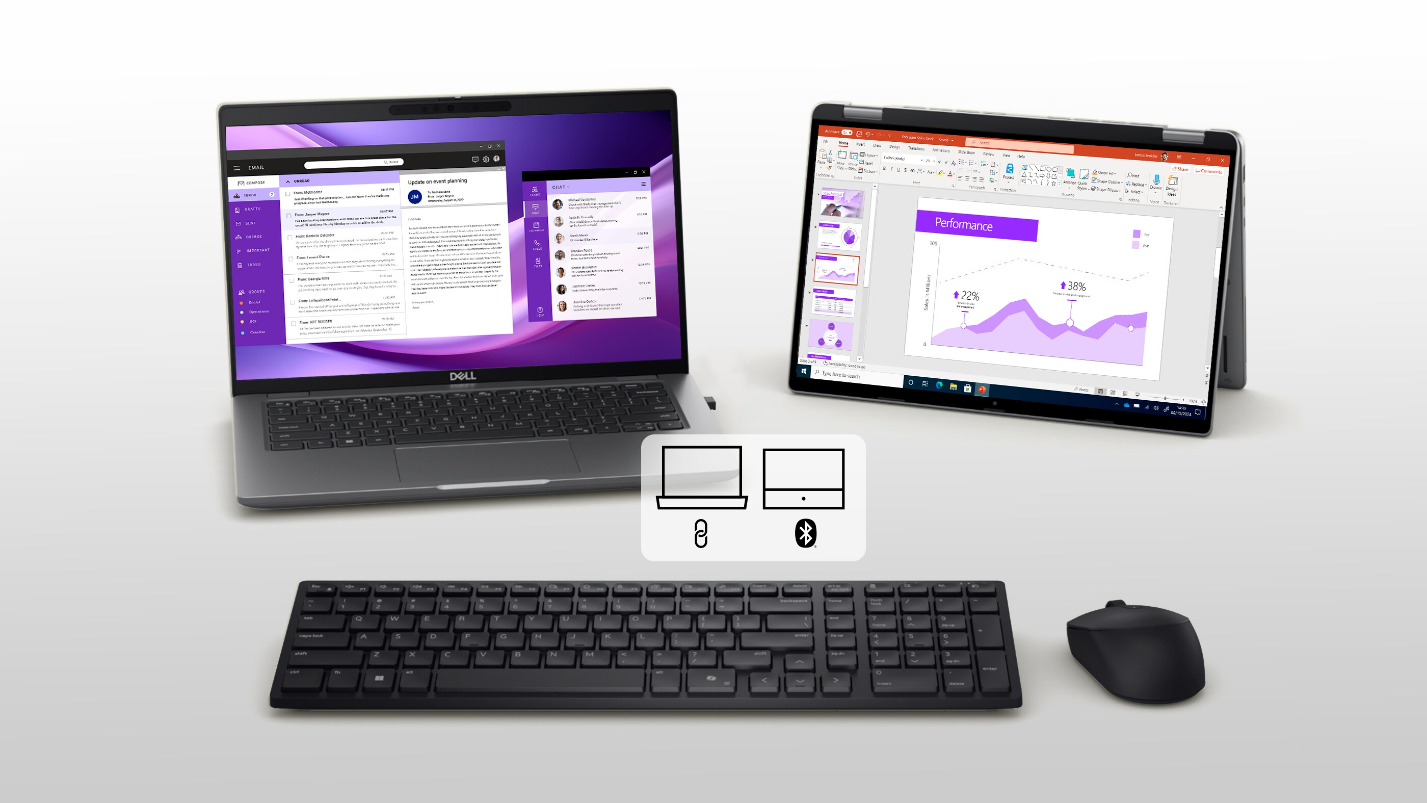 A laptop and portable monitor connected to the silent keyboard and mouse through dual-mode pairing.