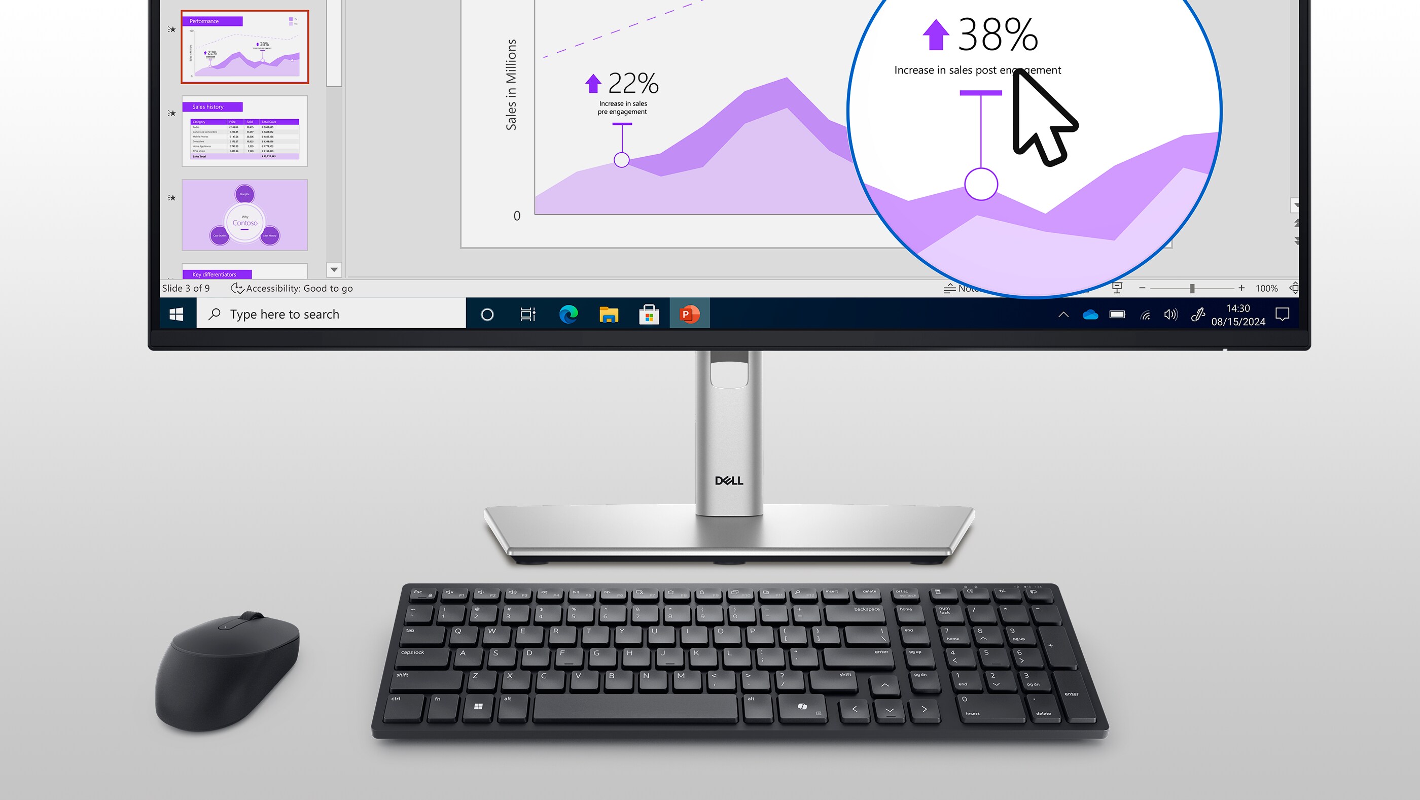 A monitor screen with a productivity application open. A circular portion is zoomed in to show the adjustable DPI.