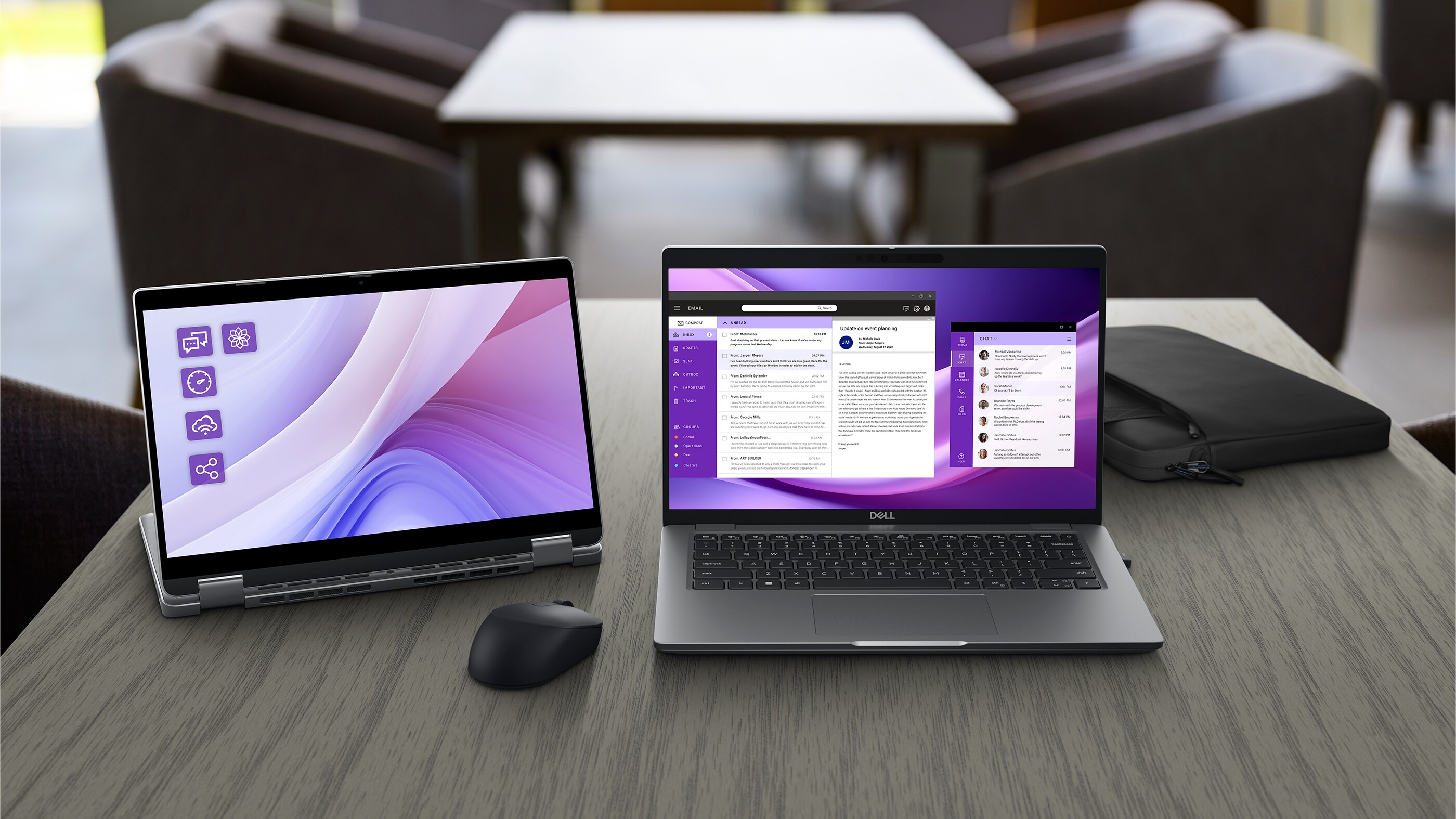 A Dell portable monitor, laptop, and silent mouse sitting on a desk.