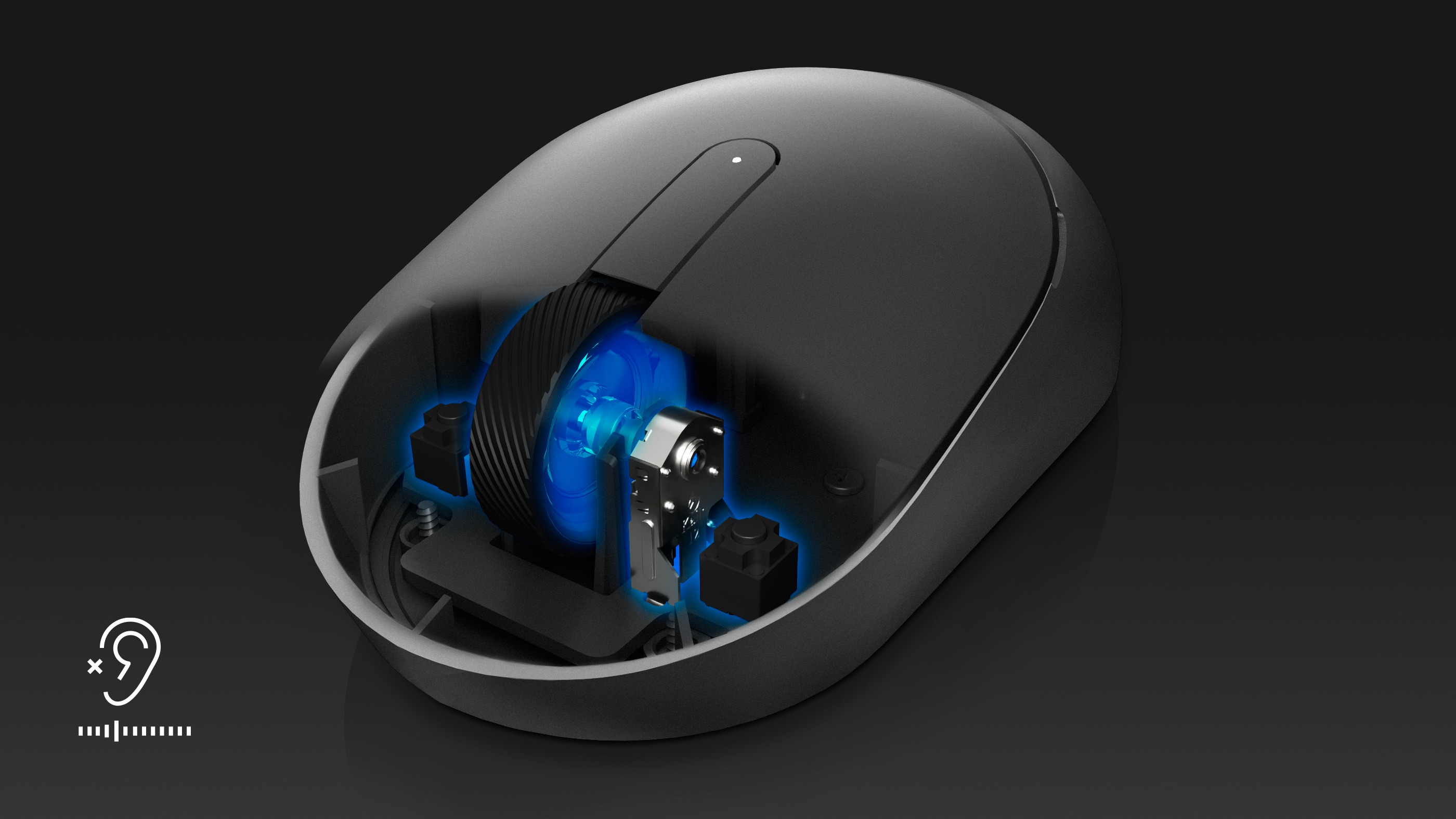 A close up of the inside of the mouse, showing the silent scrolling and clicking mechanisms.