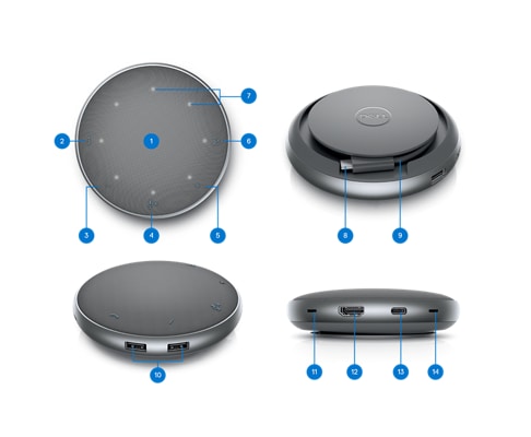 四个配有多端口适配器的戴尔扬声器 MH3021P 的图片,数字从 1 到 14 表示产品端口。