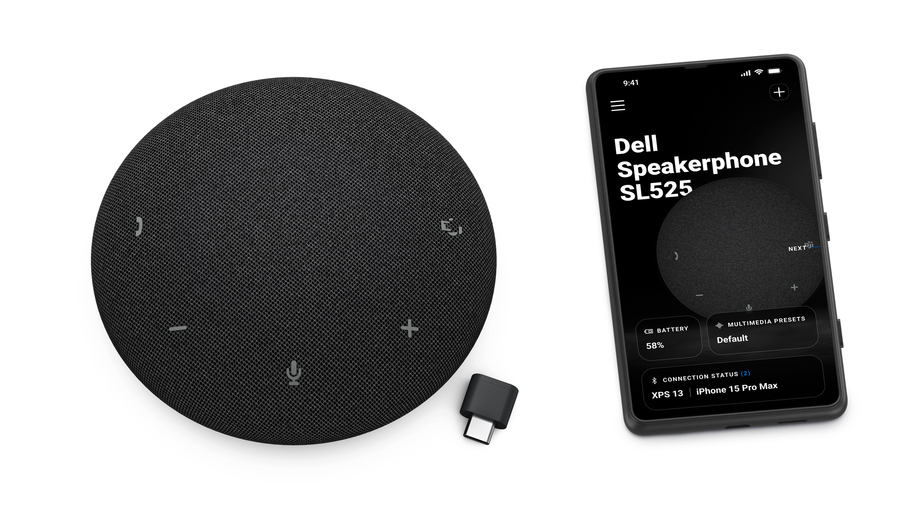 Top-down view of the wireless speakerphone with an audio settings app.