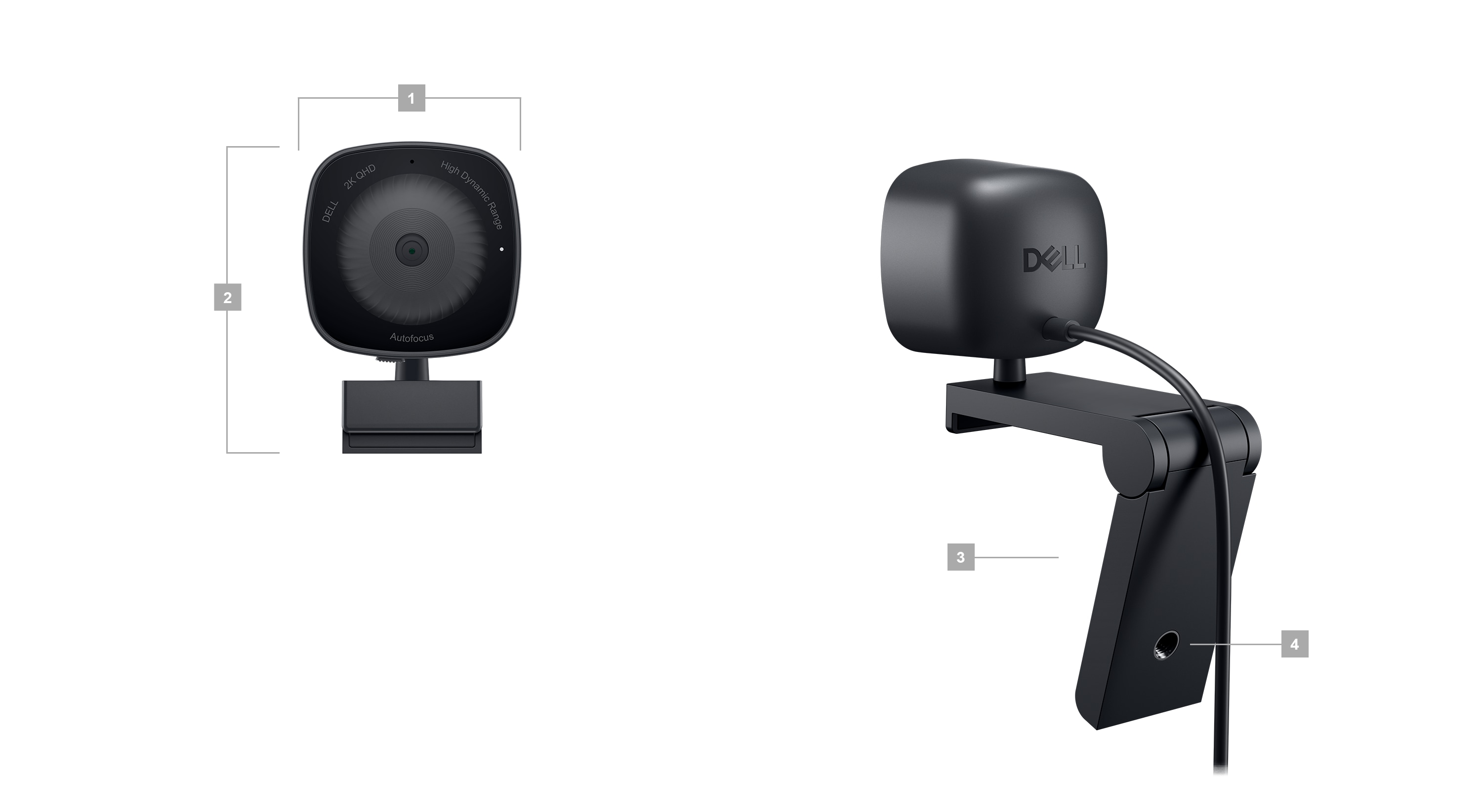 Dell WB3023 Webcams with numbers from 1 to 3 showing the product dimensions and features. 