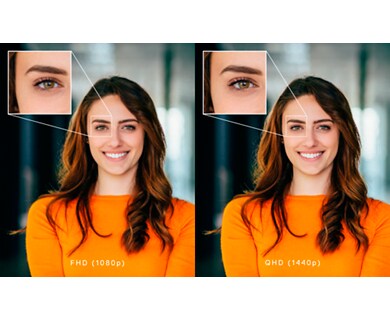 Duplicate picture of a smiling woman wearing an orange sweater comparing image quality on her right eye.  