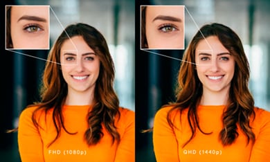 Doppeltes Bild einer lächelnden Frau in einem orangefarbenen Pullover, um die Bildqualität am Beispiel ihres rechten Auges zu vergleichen.