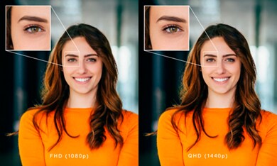 Duplicate picture of a smiling woman wearing an orange sweater comparing image quality on her right eye.