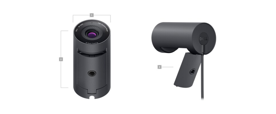 Picture of two Dell Pro Webcam WB5023 with numbers from 1 to 3 signaling the product dimensions and features. 