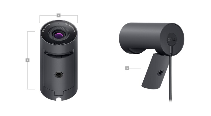 Photo de deux webcams Dell professionnelles WB5023 avec des numéros compris entre 1 et 3 indiquant les dimensions et les fonctionnalités du produit.