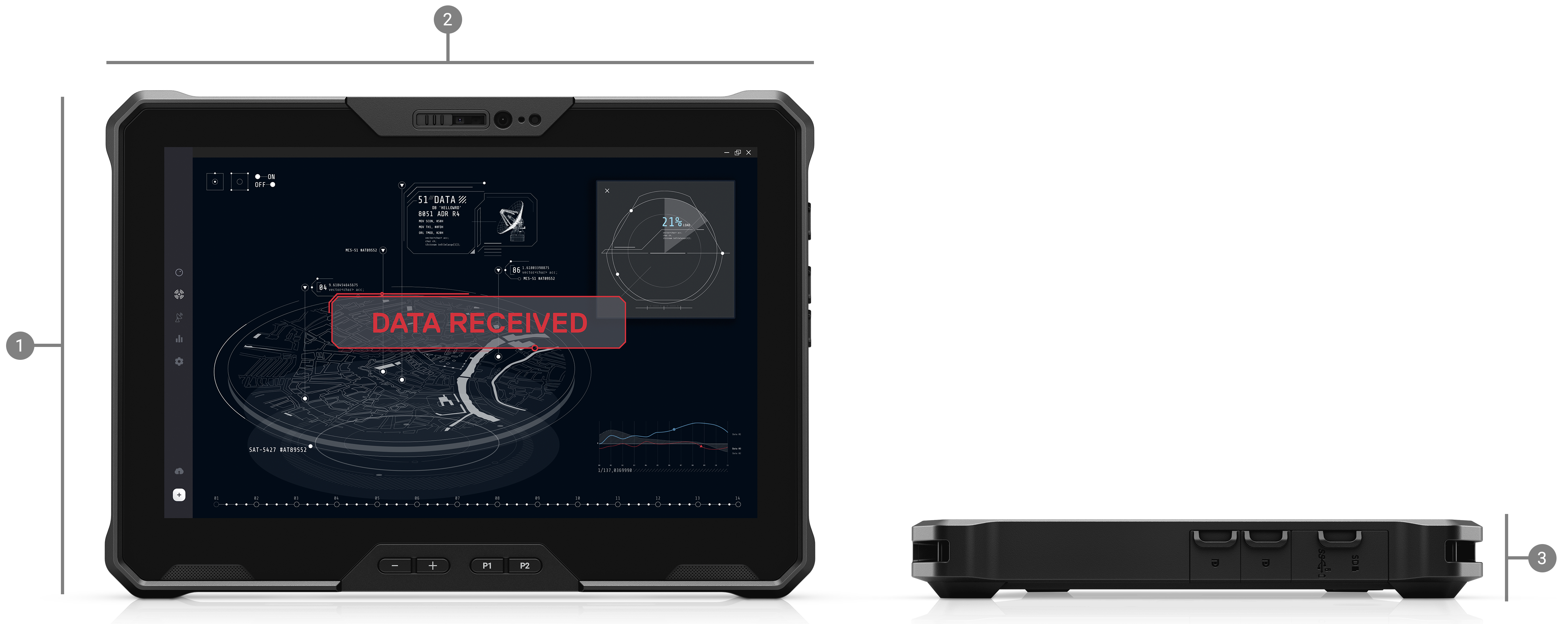 Dell Latitude 7030 Rugged Extreme Tablet with numbers from 1 to 3 showing the product dimensions and weight.