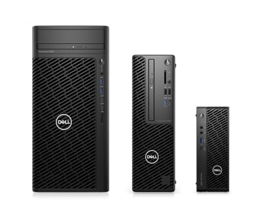 Imagem de três Desktops Dell Precision com tamanhos diferentes, colocados lado a lado.