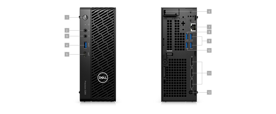 Picture of a Dell Precision 3260 Compact Desktop, onefrom the front and one from the back and numbers signaling the 12 ports. 