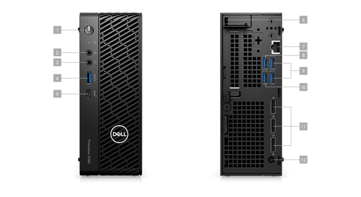 Picture of a Dell Precision 3260 Compact Desktop, onefrom the front and one from the back and numbers signaling the 12 ports. 