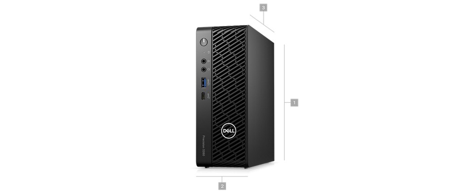 Picture  of  a  Dell  Precision  3260  Compact  Desktop  with  numbers  from  1  to  3  signaling product dimensions & weight.