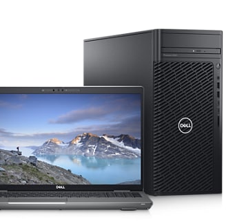 Picture of a Dell Laptop with a nature landscape in the background placed next to a Dell Precision Desktop.