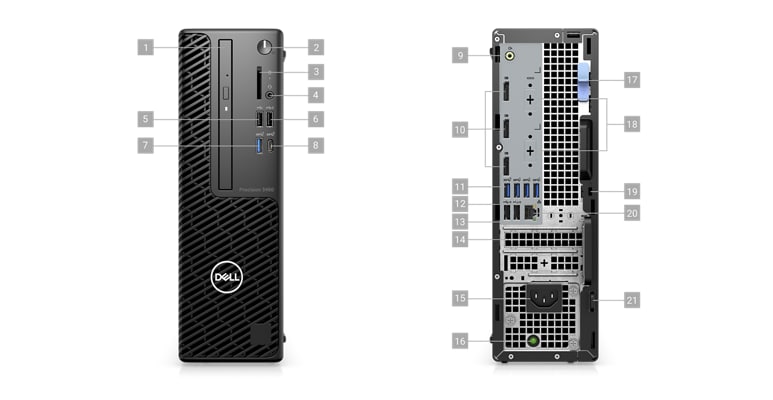 Imagem de dois Desktops Dell Precision 3460, uma frontal e outra traseira e números a indicar as 21 portas.