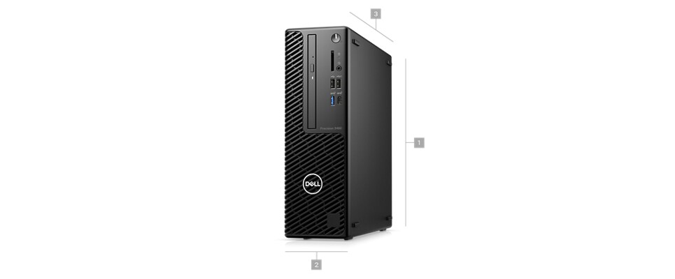 Picture of one Dell Precision 3460 Desktop  with numbers from 1 to 3 signaling product dimensions & weight.
