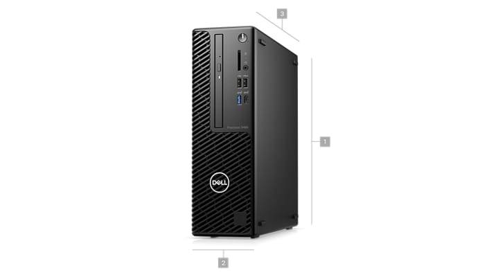 Picture of one Dell Precision 3460 Desktop  with numbers from 1 to 3 signaling product dimensions & weight.