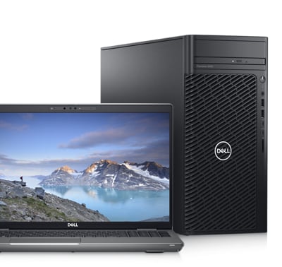 Picture of a Dell Precision 3660 Tower Workstation with a Dell monitor next to it.