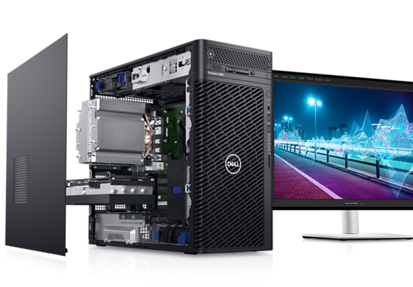 Imagem de uma Estação de Trabalho Dell Precision 3660 Torre desmontada a mostrar o interior do produto com um monitor Dell junto da mesma. Imagem de uma Estação de Trabalho Dell Precision 3660 Torre desmontada a mostrar o interior do produto com um monitor Dell junto da mesma.
