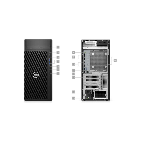 Picture of two Dell Precision 3660 Tower Workstations with numbers from 1 to 16 signaling the product ports & slots.