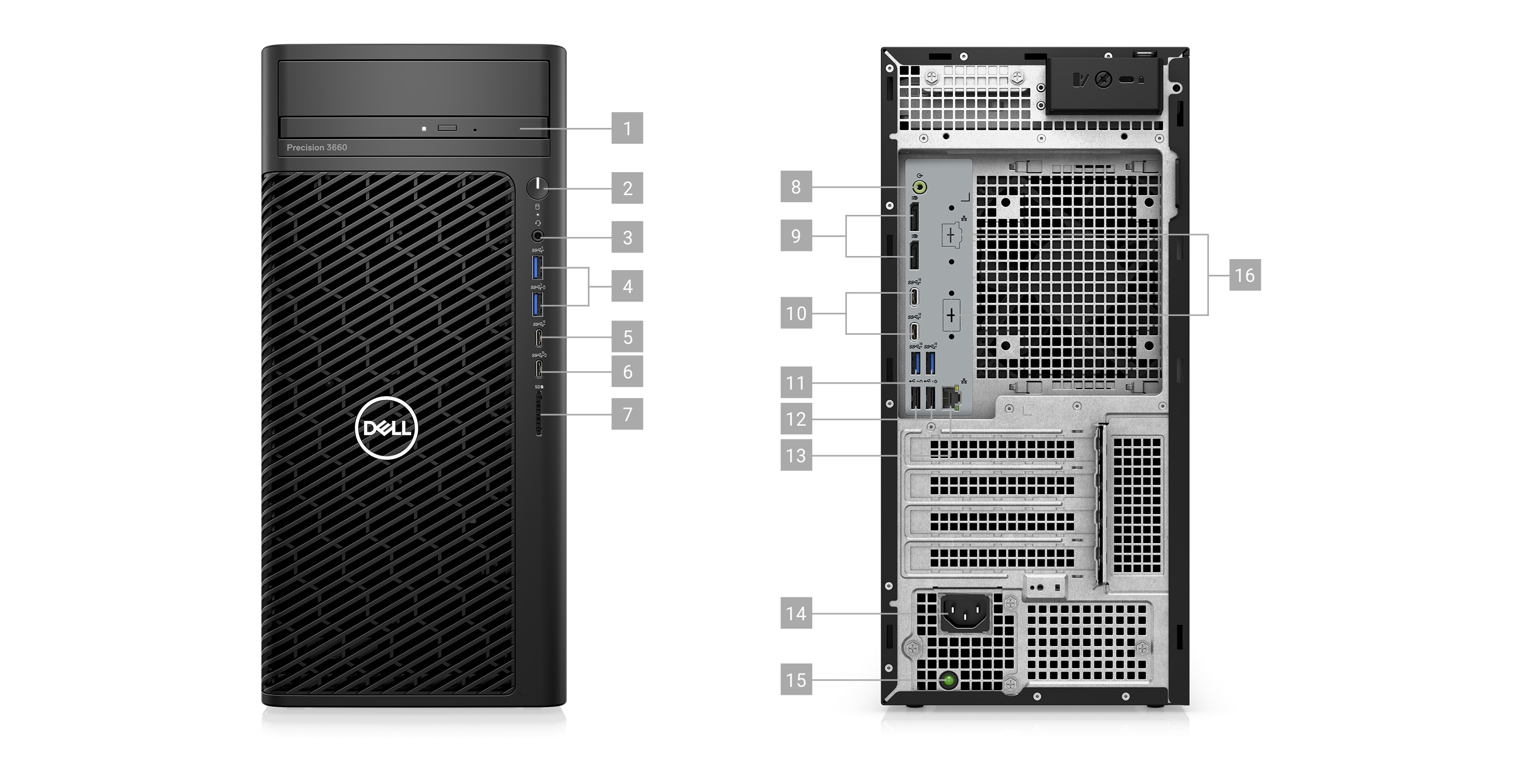 1 ile 16 arasındaki numaralarla ürün bağlantı noktalarını ve yuvalarını gösteren iki Dell Precision 3660 Tower İş İstasyonu resmi.