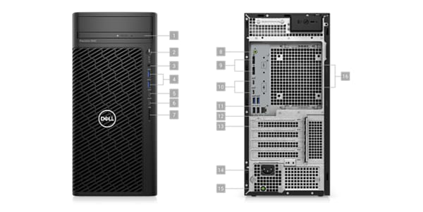 Ilustracja przedstawiająca dwie stacje robocze Dell Precision 3660 w obudowie typu tower z liczbami od 1 do 16 oznaczającymi porty i gniazda urządzeń.