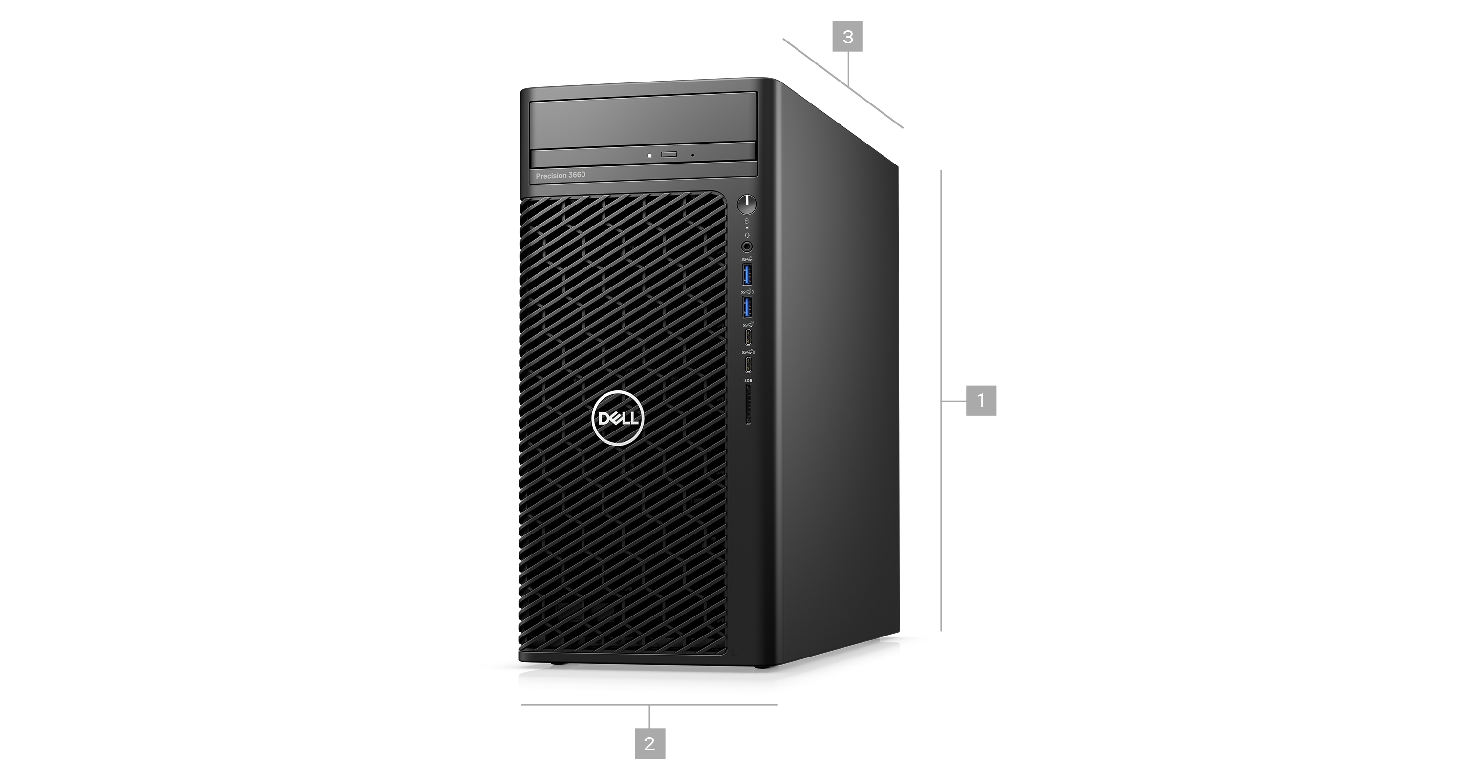 Picture of a Dell Precision 3660 Tower Workstation with numbers from 1 to 3 signaling product dimensions & weight.