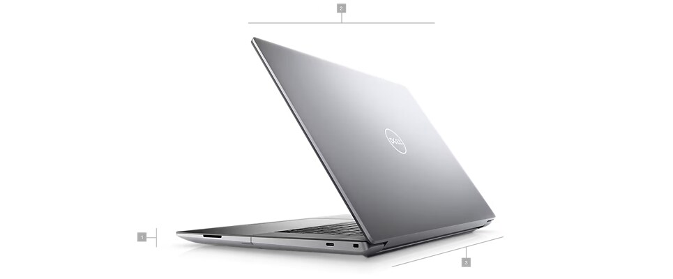 Dell Precision 16 5680 Laptop with numbers from 1 to 3 showing the product dimensions and weight. 