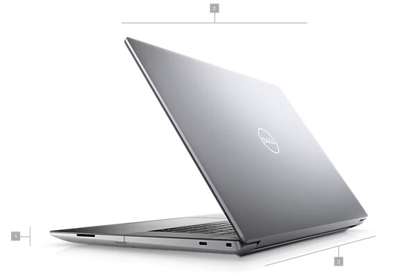 Dell Precision 16 5680 Laptop with numbers from 1 to 3 showing the product dimensions and weight.