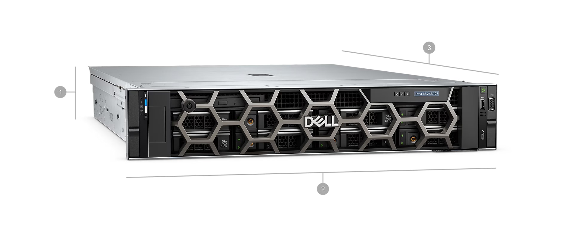 Dell Precision 7960 Rack Workstation with numbers from 1 to 4 showing the product dimensions and weight.