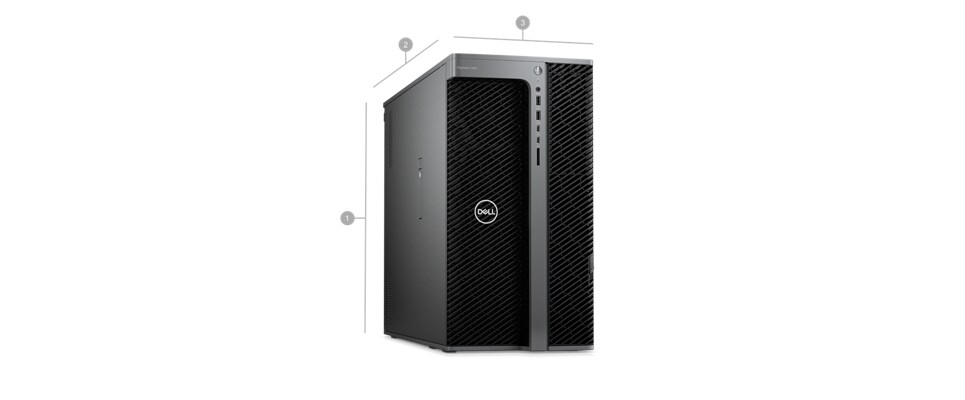 Dell Precision 7960 Tower Workstation with numbers from 1 to 3 showing the product dimensions and weight.      