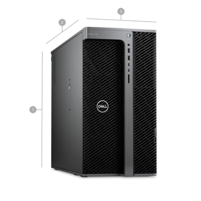 Dell Precision 7960 Tower Workstation with numbers from 1 to 3 showing the product dimensions and weight.      
