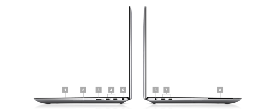 Picture of two Dell Precision 5480 Mobile Workstations placed sideways with numbers from 1 to 8 signaling the product ports