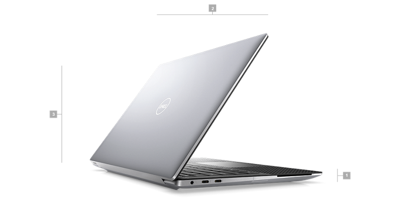 Ilustracja przedstawiająca stację roboczą Dell Precision 5470 z widoczną tylną częścią i liczbami od 1 do 3 wskazującymi wymiary i wagę produktu.